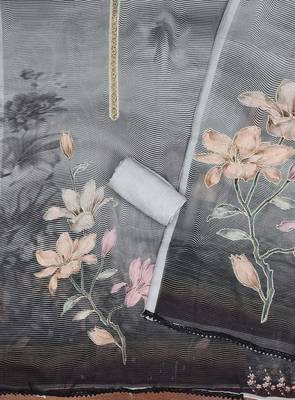 Grey color printed heavy organza straight churidar dress material 2