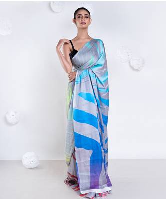 Noelle satin georgette digital printed  saree in grey color 1