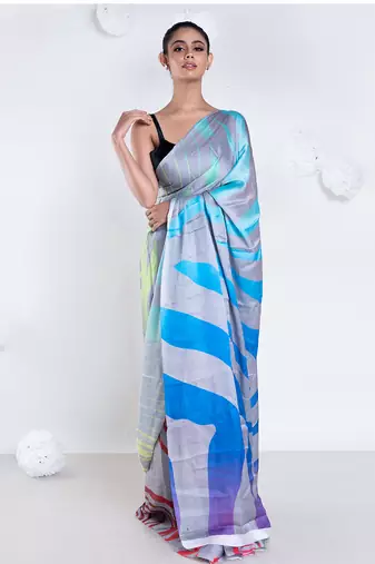 Noelle satin georgette digital printed  saree in grey color