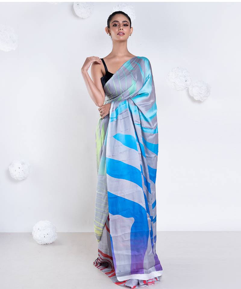 Noelle satin georgette digital printed  saree in grey color