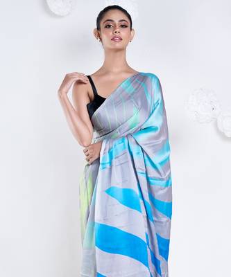 Noelle satin georgette digital printed  saree in grey color 2