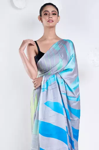 Noelle satin georgette digital printed  saree in grey color