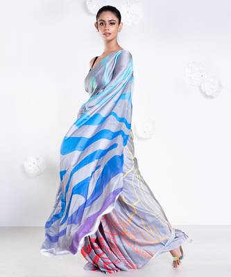 Noelle satin georgette digital printed  saree in grey color 3
