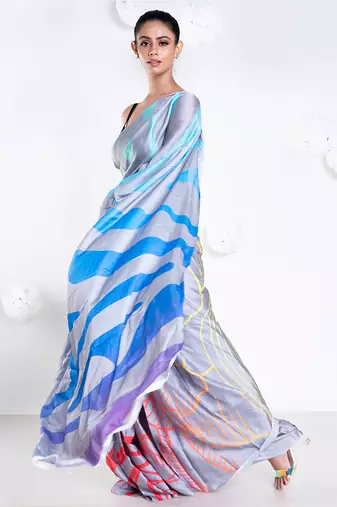 Noelle satin georgette digital printed  saree in grey color
