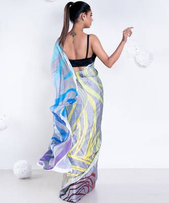 Noelle satin georgette digital printed  saree in grey color 4