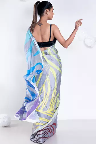 Noelle satin georgette digital printed  saree in grey color