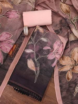 Pink color printed heavy organza straight churidar dress material 1