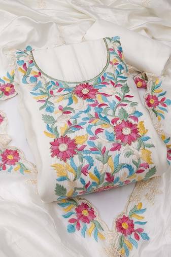 White color thread work roman silk straight churidar dress material