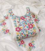 White color thread work roman silk straight churidar dress material