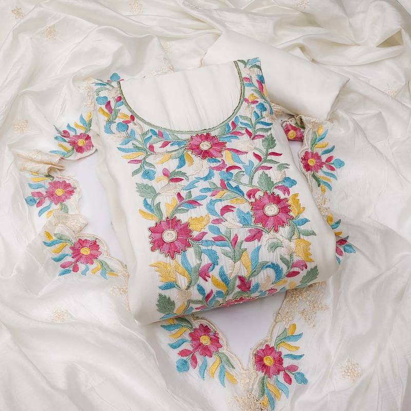 White color thread work roman silk straight churidar dress material