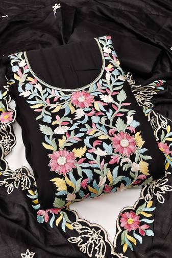 Black color thread work roman silk straight churidar dress material