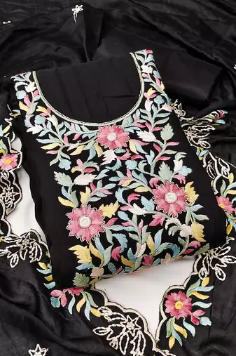 Black color thread work roman silk straight churidar dress material