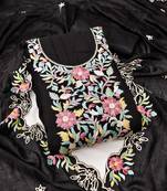 Black color thread work roman silk straight churidar dress material