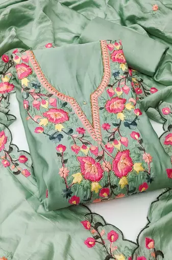 Sea green color thread work roman silk straight churidar dress material