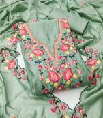 Sea green color thread work roman silk straight churidar dress material