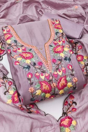 Lavender color thread work roman silk straight churidar dress material