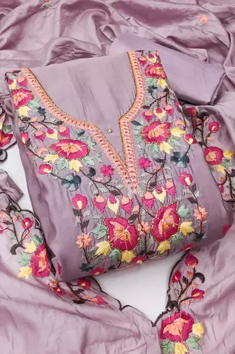 Lavender color thread work roman silk straight churidar dress material