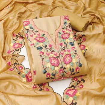 Beige color thread work roman silk straight churidar dress material 1