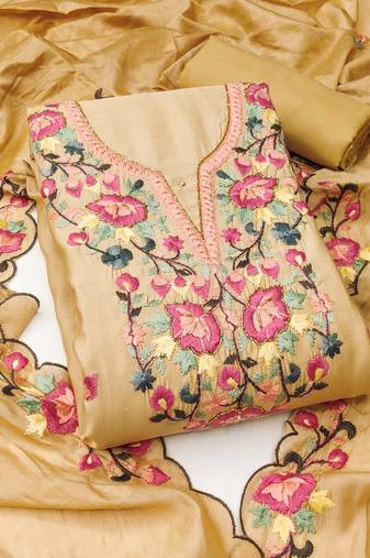 Beige color thread work roman silk straight churidar dress material
