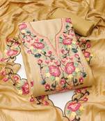 Beige color thread work roman silk straight churidar dress material