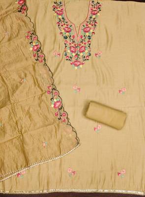 Beige color thread work roman silk straight churidar dress material 2