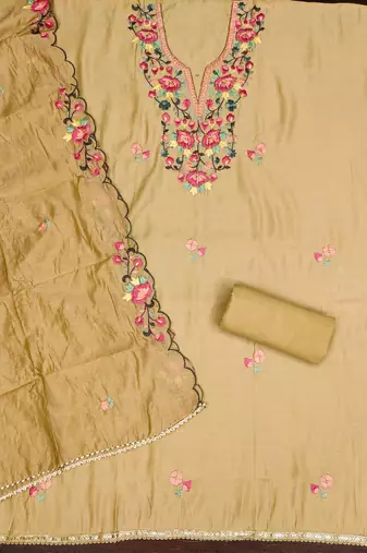 Beige color thread work roman silk straight churidar dress material