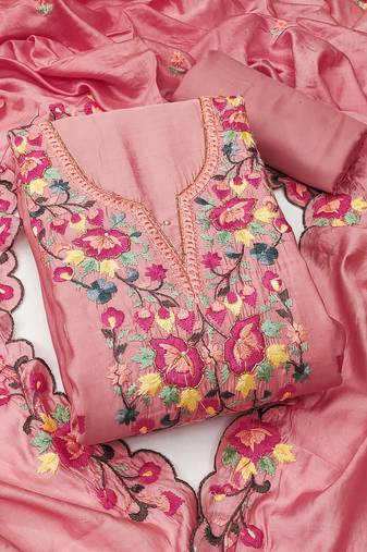 Peach color thread work roman silk straight churidar dress material