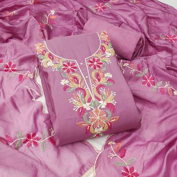 Pink color thread work roman silk straight churidar dress material 1