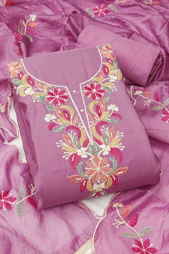 Pink color thread work roman silk straight churidar dress material