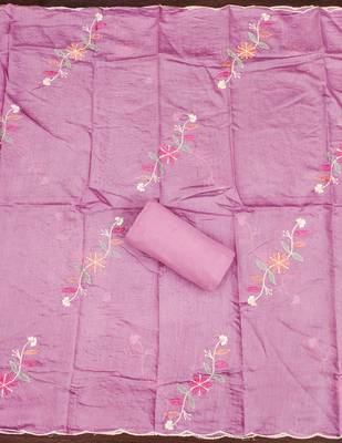 Pink color thread work roman silk straight churidar dress material 3