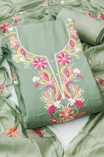 Green color thread work roman silk straight churidar dress material