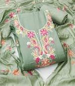 Green color thread work roman silk straight churidar dress material