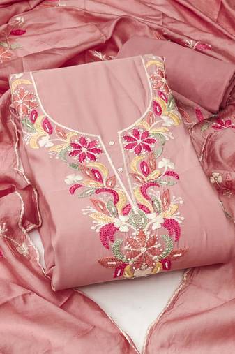 Peach color thread work roman silk straight churidar dress material