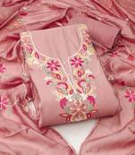 Peach color thread work roman silk straight churidar dress material