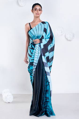 Simone satin georgette digital printed saree in blue color