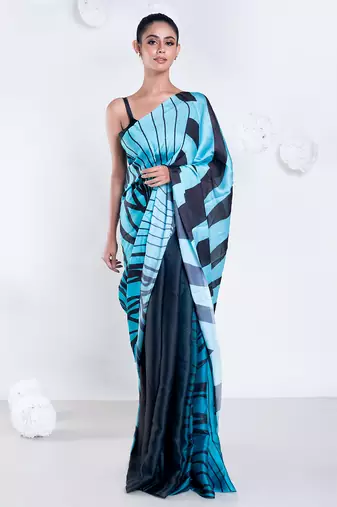 Simone satin georgette digital printed saree in blue color