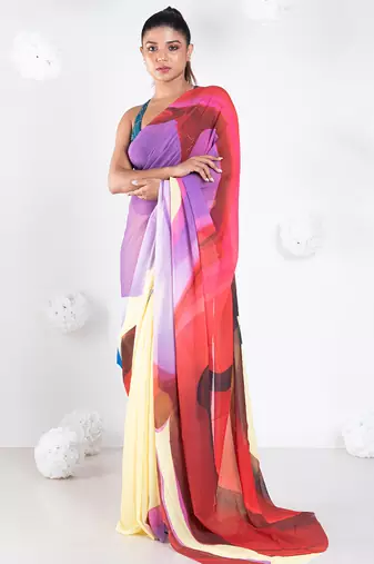 Marie georgette digital printed  saree in yellow color