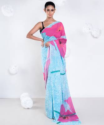 Elle georgette digital printed saree in blue color 1