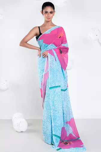 Elle georgette digital printed saree in blue color