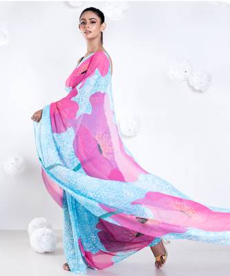 Elle georgette digital printed saree in blue color 2