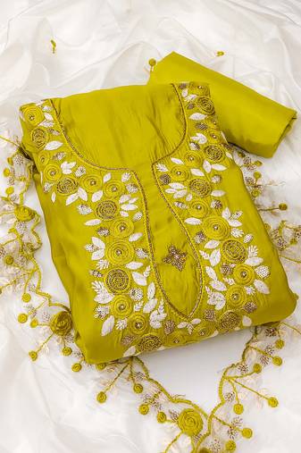 Lime color sequence roman silk straight churidar dress material