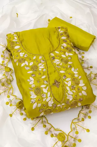 Lime color sequence roman silk straight churidar dress material