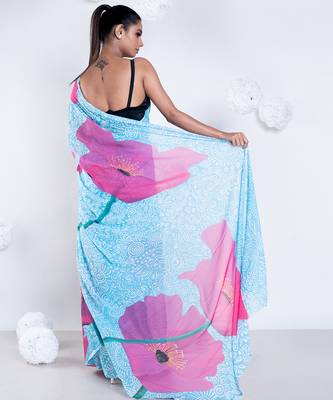 Elle georgette digital printed saree in blue color 3