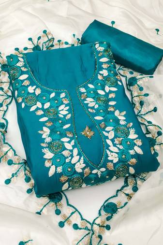 Teal color sequence roman silk straight churidar dress material