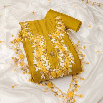 Mustard color sequence roman silk straight churidar dress material 1