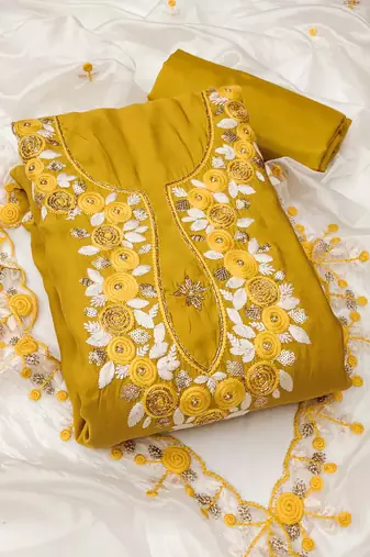Mustard color sequence roman silk straight churidar dress material