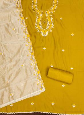Mustard color sequence roman silk straight churidar dress material 2