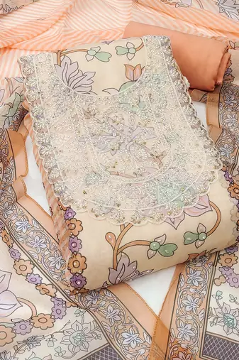 Orange color embellished heavy organza straight churidar dress material