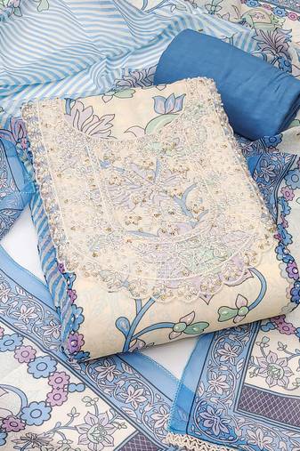 Teal color embellished heavy organza straight churidar dress material