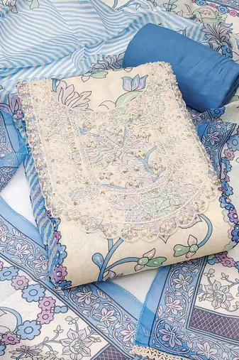 Teal color embellished heavy organza straight churidar dress material